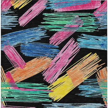 5' X 8' Black Pink Yellow Orange And Blue Striped Washable Indoor Outdoor Area Rug