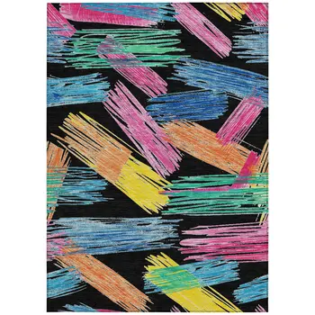 5' X 8' Black Pink Yellow Orange And Blue Striped Washable Indoor Outdoor Area Rug