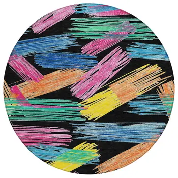 8' Black Pink Yellow Orange And Blue Round Striped Washable Indoor Outdoor Area Rug