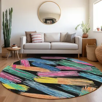 8' Black Pink Yellow Orange And Blue Round Striped Washable Indoor Outdoor Area Rug