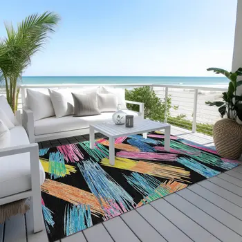 8' X 10' Black Pink Yellow Orange And Blue Striped Washable Indoor Outdoor Area Rug