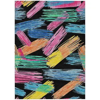 8' X 10' Black Pink Yellow Orange And Blue Striped Washable Indoor Outdoor Area Rug
