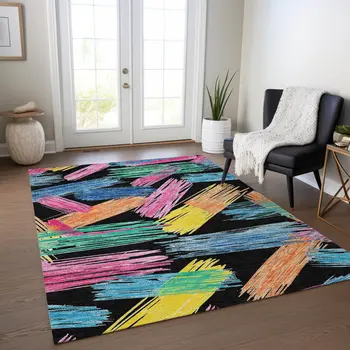 8' X 10' Black Pink Yellow Orange And Blue Striped Washable Indoor Outdoor Area Rug