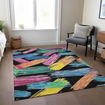 8' X 10' Black Pink Yellow Orange And Blue Striped Washable Indoor Outdoor Area Rug