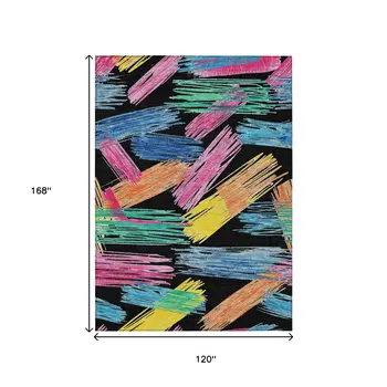 10' X 14' Black Pink Yellow Orange And Blue Striped Washable Indoor Outdoor Area Rug