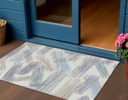 3' X 5' Ivory Taupe And Blue Striped Washable Indoor Outdoor Area Rug