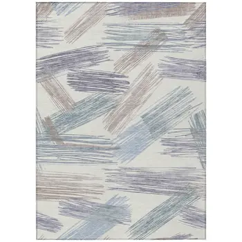 3' X 5' Ivory Taupe And Blue Striped Washable Indoor Outdoor Area Rug