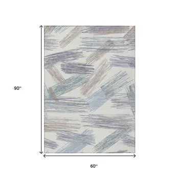 5' X 8' Ivory Taupe And Blue Striped Washable Indoor Outdoor Area Rug