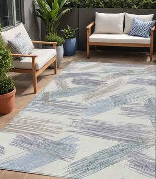5' X 8' Ivory Taupe And Blue Striped Washable Indoor Outdoor Area Rug