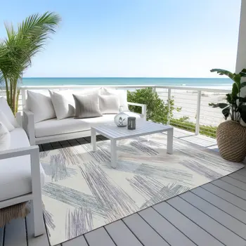 5' X 8' Ivory Taupe And Blue Striped Washable Indoor Outdoor Area Rug