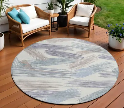 8' Ivory Taupe And Blue Round Striped Washable Indoor Outdoor Area Rug