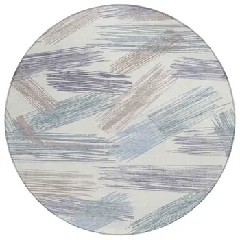 8' Ivory Taupe And Blue Round Striped Washable Indoor Outdoor Area Rug