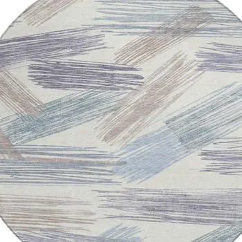 8' Ivory Taupe And Blue Round Striped Washable Indoor Outdoor Area Rug
