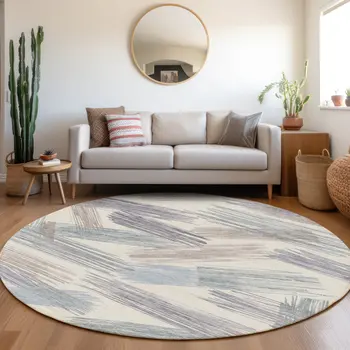 8' Ivory Taupe And Blue Round Striped Washable Indoor Outdoor Area Rug