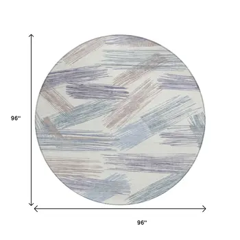8' Ivory Taupe And Blue Round Striped Washable Indoor Outdoor Area Rug