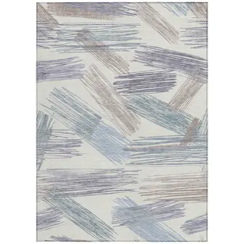 8' X 10' Ivory Taupe And Blue Striped Washable Indoor Outdoor Area Rug