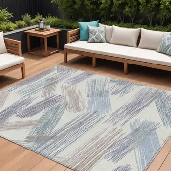 8' X 10' Ivory Taupe And Blue Striped Washable Indoor Outdoor Area Rug