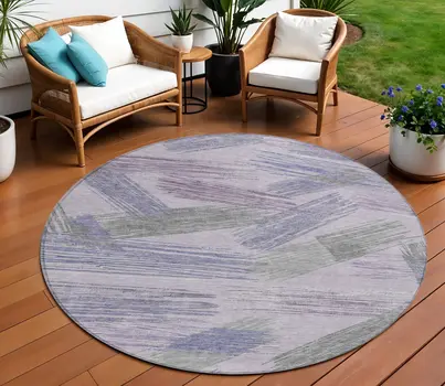 8' Lavender Lilac And Ivory Round Striped Washable Indoor Outdoor Area Rug