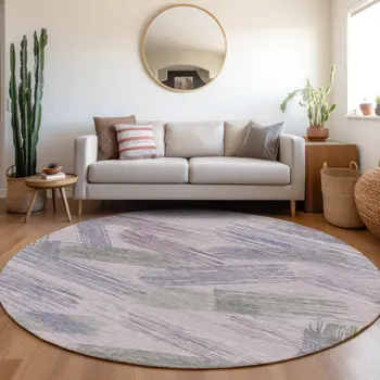 8' Lavender Lilac And Ivory Round Striped Washable Indoor Outdoor Area Rug