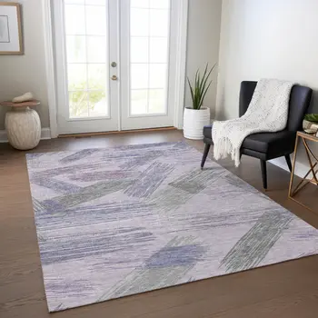 9' X 12' Lavender Lilac And Ivory Striped Washable Indoor Outdoor Area Rug