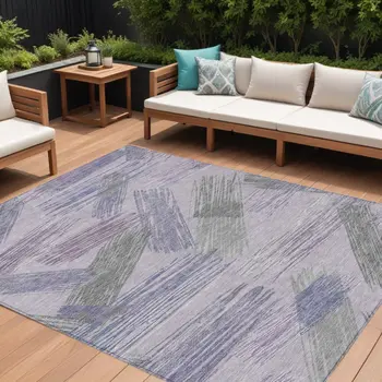 10' X 14' Lavender Lilac And Ivory Striped Washable Indoor Outdoor Area Rug
