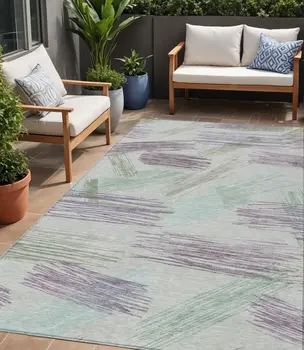 5' X 8' Sage Lavender And Mint Green Striped Washable Indoor Outdoor Area Rug