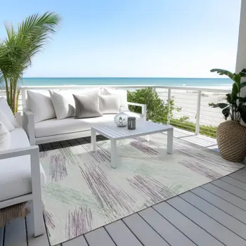 5' X 8' Sage Lavender And Mint Green Striped Washable Indoor Outdoor Area Rug