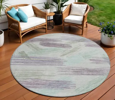 8' Sage Lavender And Mint Green Round Striped Washable Indoor Outdoor Area Rug
