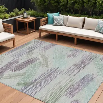 10' X 14' Sage Lavender And Mint Green Striped Washable Indoor Outdoor Area Rug