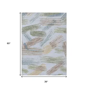 3' X 5' Sky Blue Taupe And Olive Green Striped Washable Indoor Outdoor Area Rug