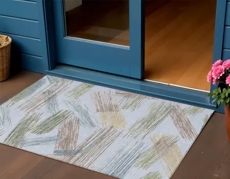 3' X 5' Sky Blue Taupe And Olive Green Striped Washable Indoor Outdoor Area Rug