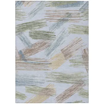 3' X 5' Sky Blue Taupe And Olive Green Striped Washable Indoor Outdoor Area Rug