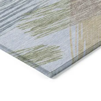 3' X 5' Sky Blue Taupe And Olive Green Striped Washable Indoor Outdoor Area Rug