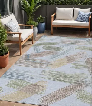 5' X 8' Sky Blue Taupe And Olive Green Striped Washable Indoor Outdoor Area Rug