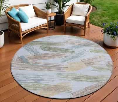 8' Sky Blue Taupe And Olive Green Round Striped Washable Indoor Outdoor Area Rug