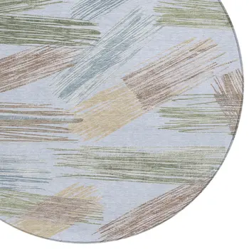 8' Sky Blue Taupe And Olive Green Round Striped Washable Indoor Outdoor Area Rug