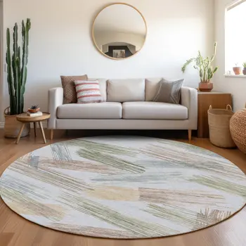 8' Sky Blue Taupe And Olive Green Round Striped Washable Indoor Outdoor Area Rug