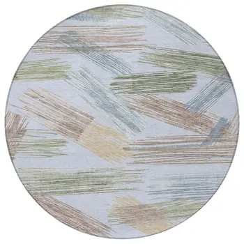 8' Sky Blue Taupe And Olive Green Round Striped Washable Indoor Outdoor Area Rug