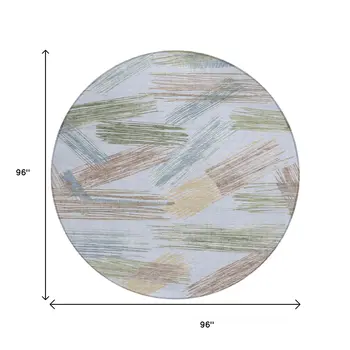 8' Sky Blue Taupe And Olive Green Round Striped Washable Indoor Outdoor Area Rug