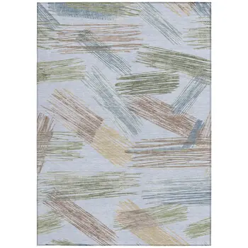 8' X 10' Sky Blue Taupe And Olive Green Striped Washable Indoor Outdoor Area Rug