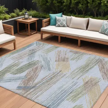 8' X 10' Sky Blue Taupe And Olive Green Striped Washable Indoor Outdoor Area Rug