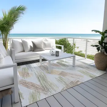 8' X 10' Sky Blue Taupe And Olive Green Striped Washable Indoor Outdoor Area Rug