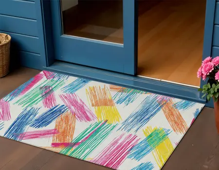 3' X 5' White Blue Yellow Orange And Pink Striped Washable Indoor Outdoor Area Rug