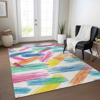 3' X 5' White Blue Yellow Orange And Pink Striped Washable Indoor Outdoor Area Rug