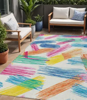 5' X 8' White Blue Yellow Orange And Pink Striped Washable Indoor Outdoor Area Rug