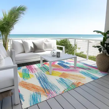 5' X 8' White Blue Yellow Orange And Pink Striped Washable Indoor Outdoor Area Rug