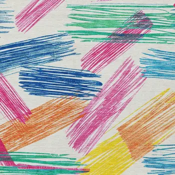 5' X 8' White Blue Yellow Orange And Pink Striped Washable Indoor Outdoor Area Rug