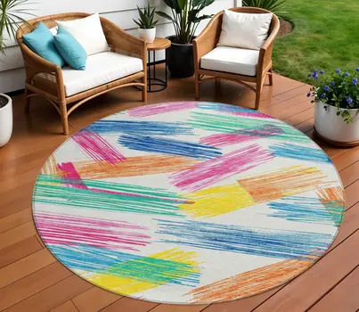 8' White Blue Yellow Orange And Pink Round Striped Washable Indoor Outdoor Area Rug