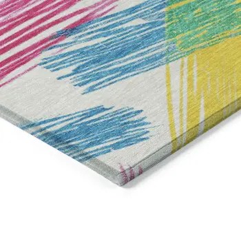 8' White Blue Yellow Orange And Pink Round Striped Washable Indoor Outdoor Area Rug