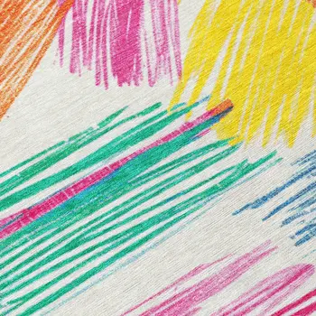 8' White Blue Yellow Orange And Pink Round Striped Washable Indoor Outdoor Area Rug